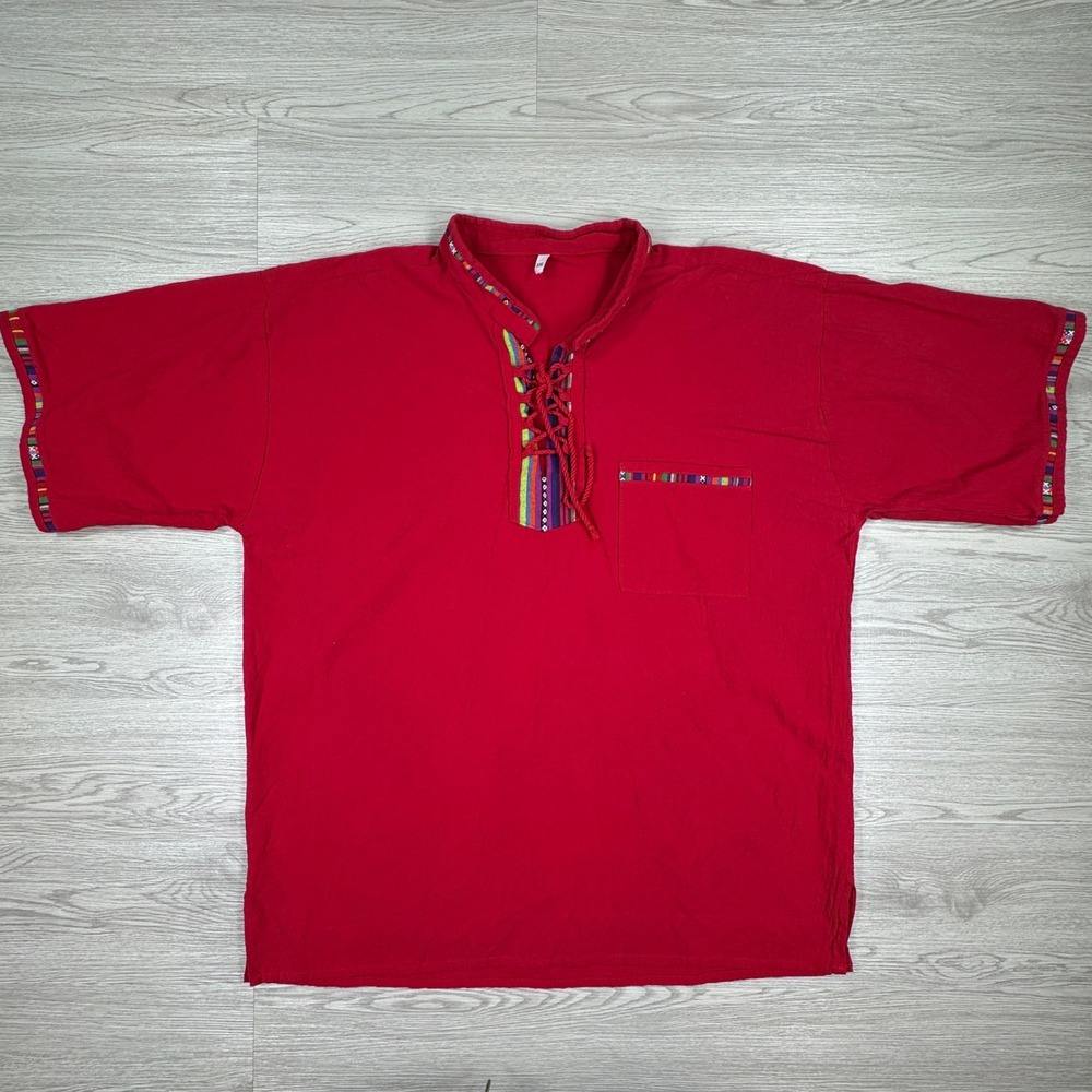 Mens Shirt Lace Up Neck Red XXL Tribal Trim Cotton Linen Boho Hippie